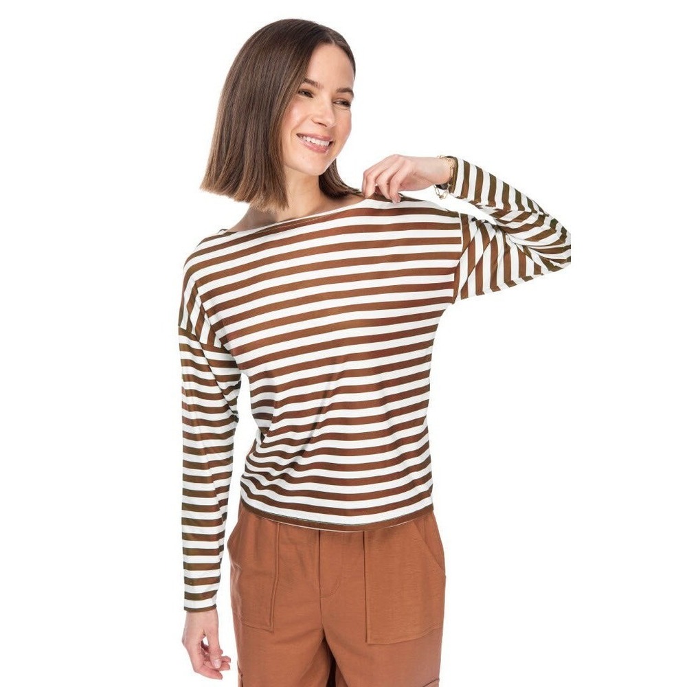 NEW Bobeau Striped Long Sleeve Top Ivory Caramel Boat Neck Pullover XL‎ NWT